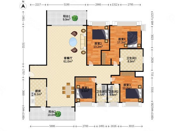 深业中城4室2厅3卫211.91㎡南北3999万