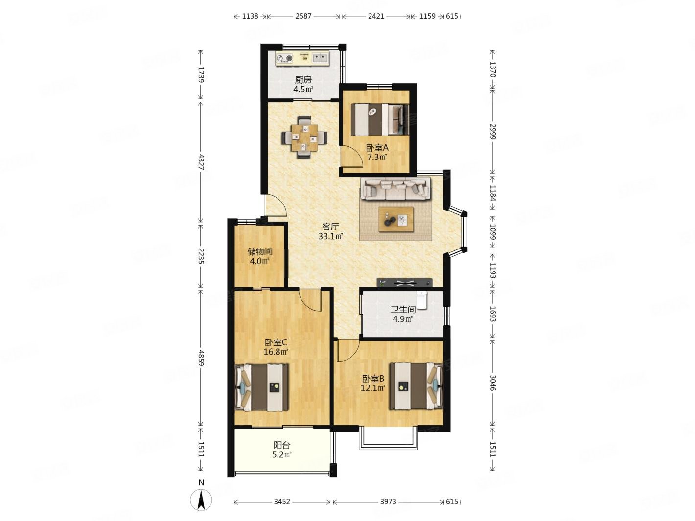 诺家优选银城聚福园东边户106平3房2卫全明小三房