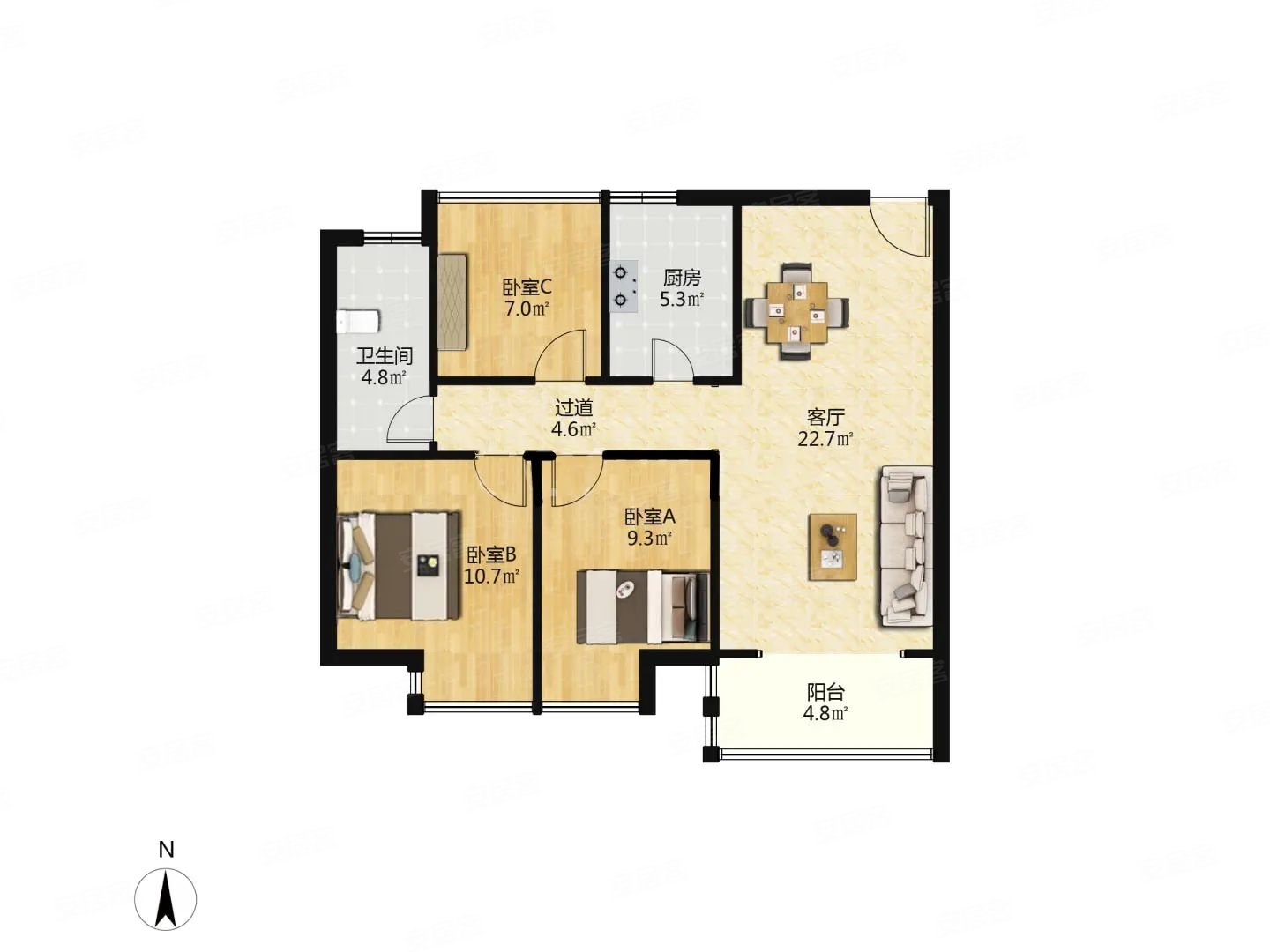 南山维拉3室2厅1卫91.45㎡南北128万