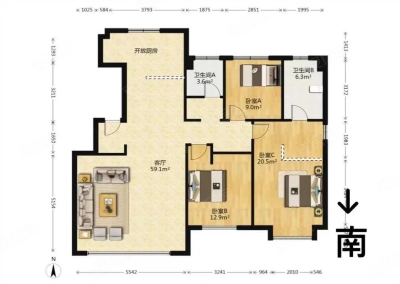 津南区合盈园3室2厅2卫1厨1阳台