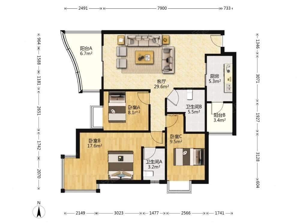 育才一小隔壁 花园电梯3房2厅2卫 老证通透户型 采光好,王府花园二手