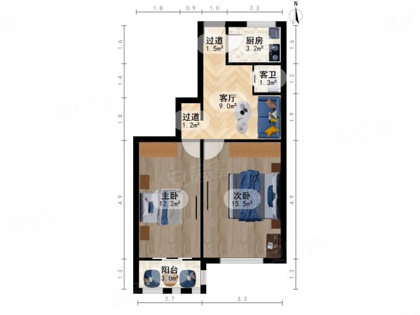 翠微路17号院2室1厅1卫62.11㎡南北598万