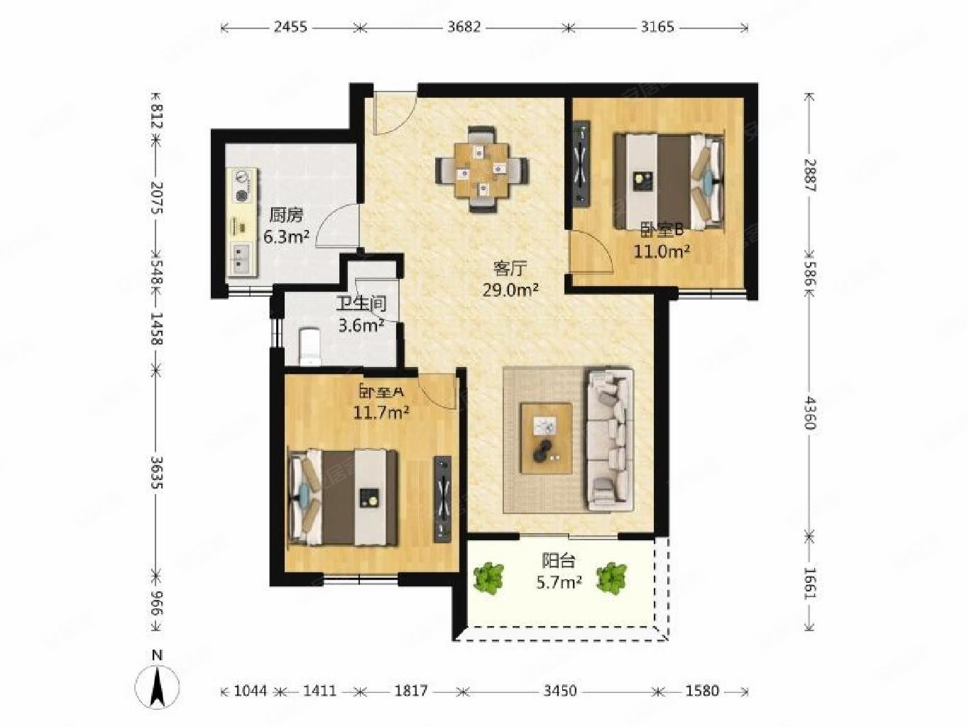 统建天成美雅2室2厅1卫87.15㎡南北145万