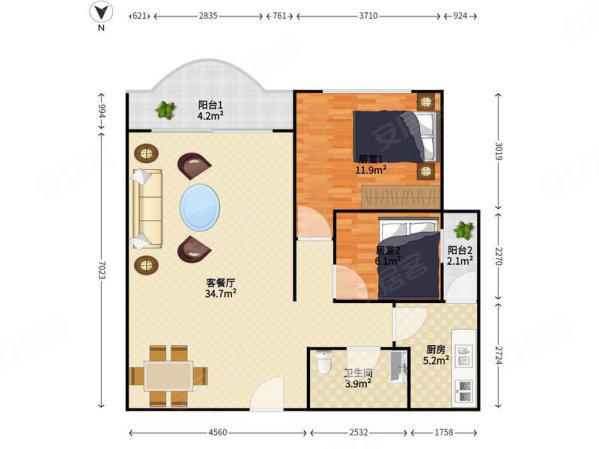 鸿颖大厦2室1厅1卫86㎡南北340万