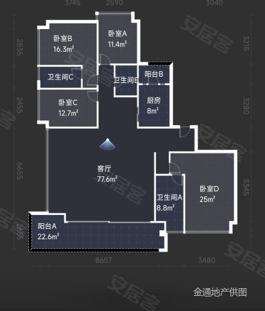 保利天悦(C区)4室2厅3卫232.88㎡南1400万