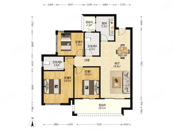 摩根中心3室2厅2卫98.48㎡南北154万