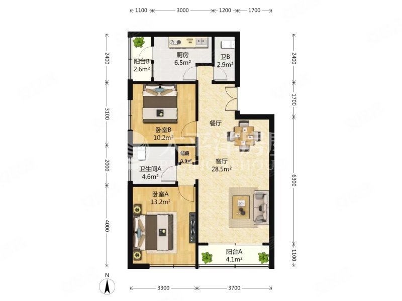 虹桥河滨花园2室2厅2卫103.42㎡南1100万