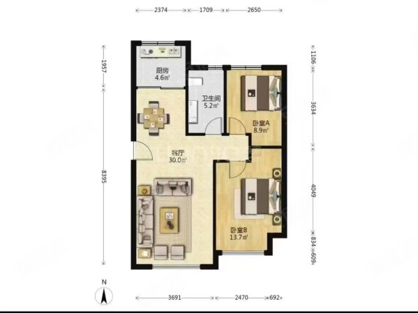 兆嘉自由向2室1厅1卫85㎡南北89万