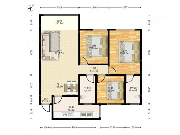 御林苑A区3室2厅2卫110㎡南45.8万