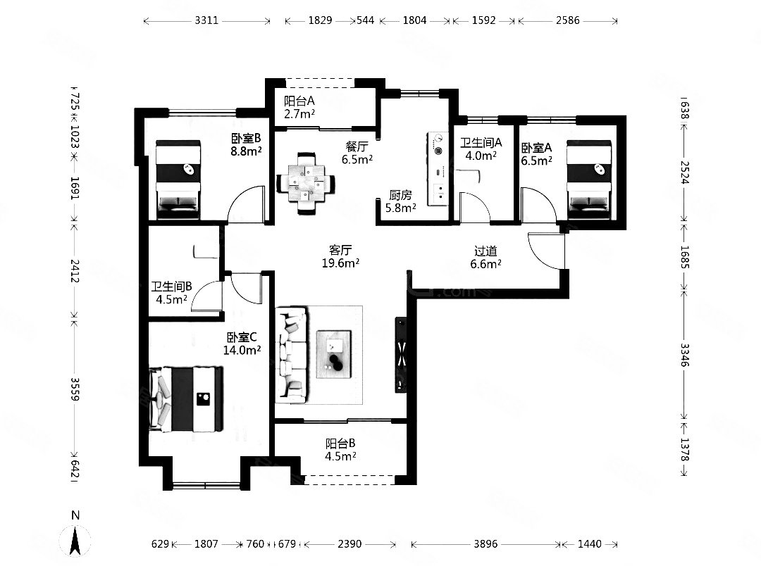 西派国际3室2厅2卫108.87㎡南北233万