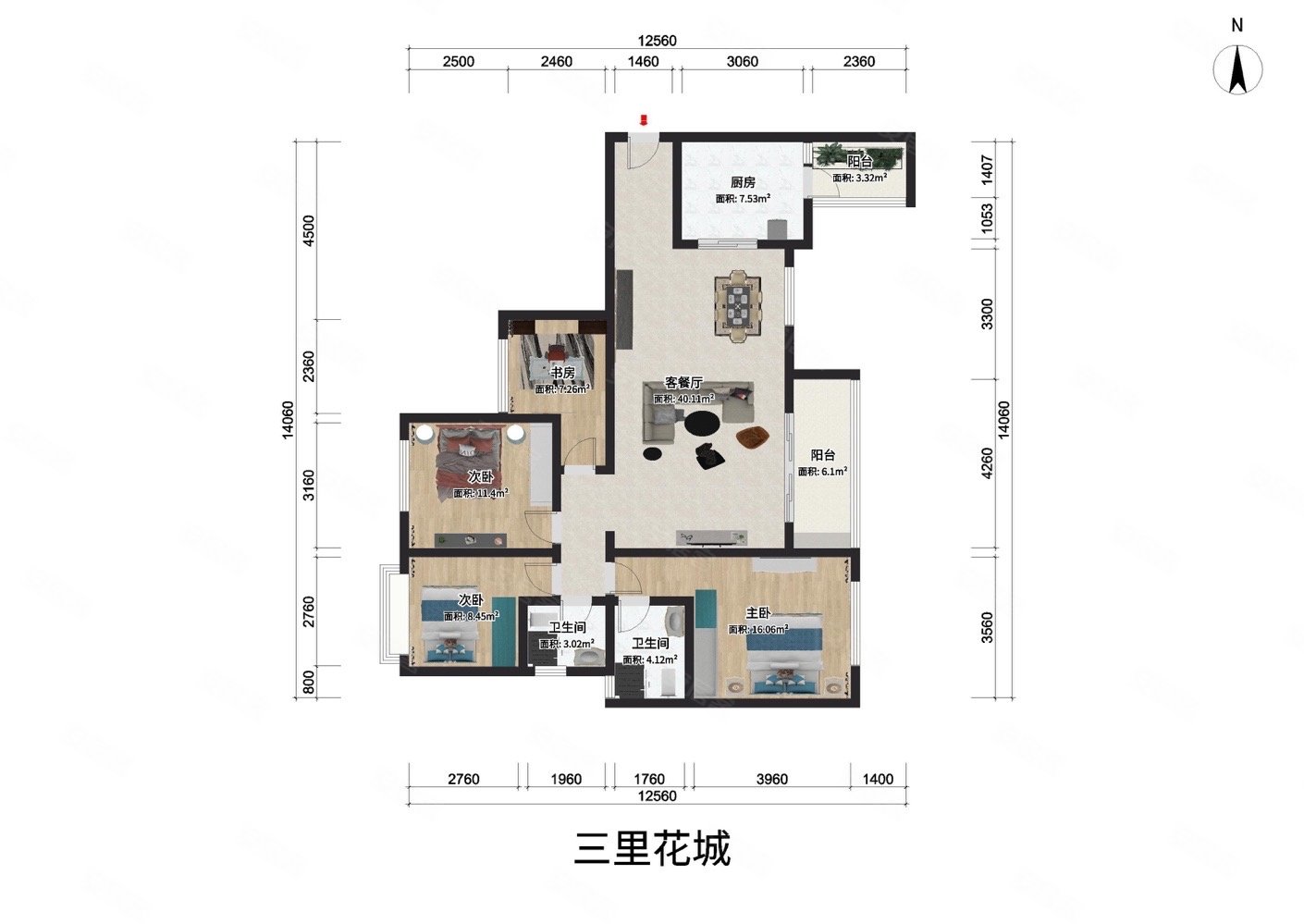 富豪三里花城4室2厅2卫115.33㎡南180万