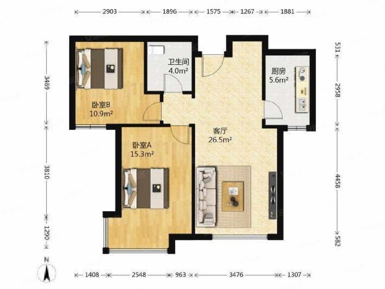 金辉天鹅湾2室2厅1卫76.91㎡南北195万