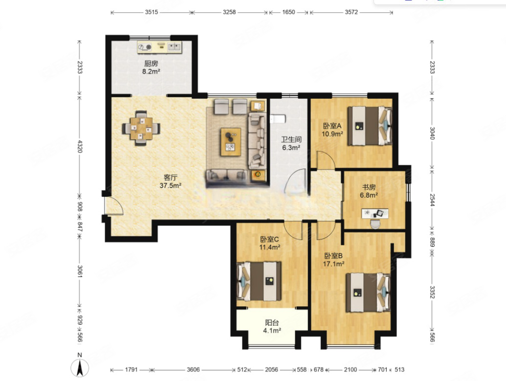 海信依云小镇3室2厅2卫140.64㎡南北110万