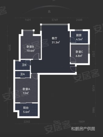 瑞景城3室2厅2卫91.12㎡南北98万