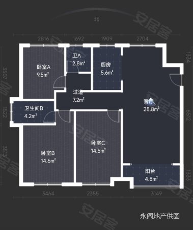 汀香郡3室2厅2卫127.71㎡南北210万