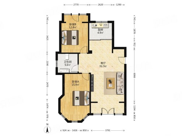 远洋时代城2室1厅1卫95.08㎡南北94万