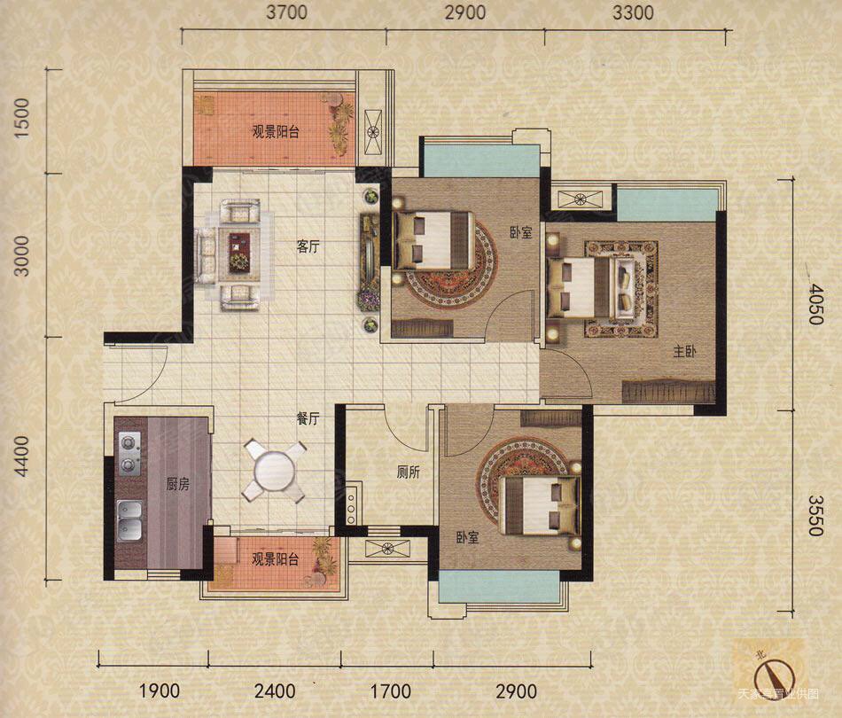 领地海纳公馆3室2厅2卫90.57㎡南北172万