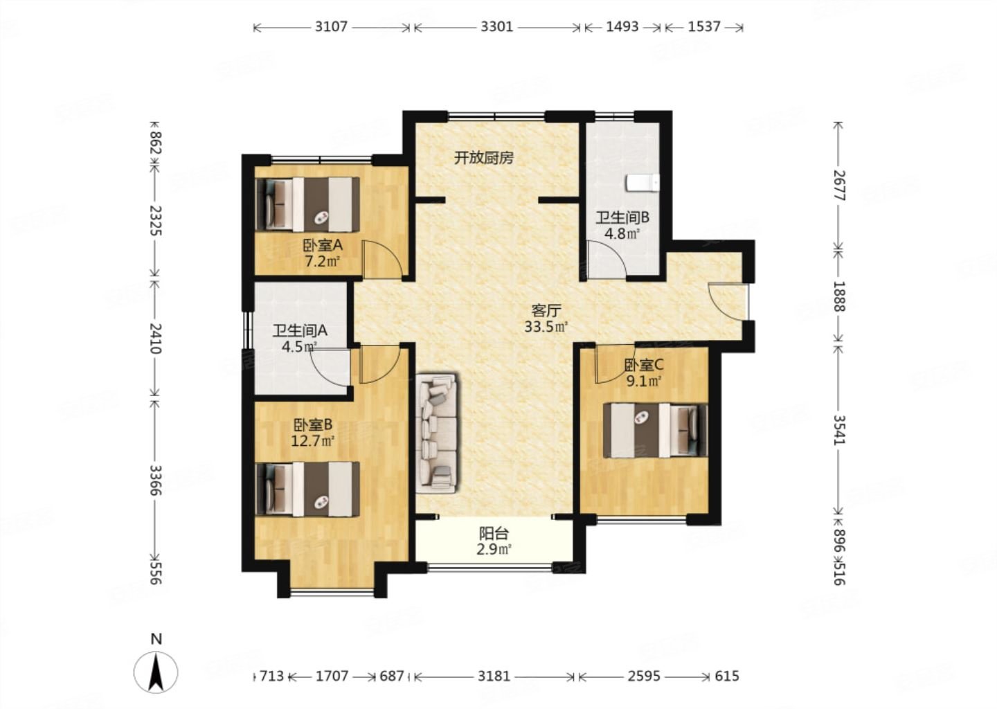 合盈园 南北通透三室双卫户型 无浪费面积 前面无遮挡,世茂璀璨公园