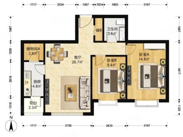 富力又一城(C区)2室2厅1卫88.38㎡南488万