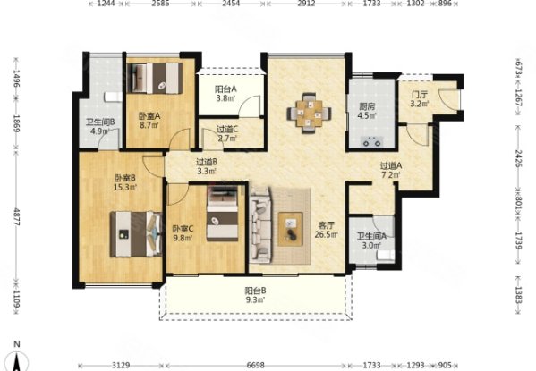 亚运城天韵 满五   南北通透 双卫格局 有电梯 车位充足