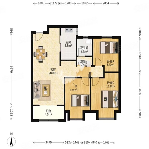 三室两厅户型方正采光好视野开阔无遮挡