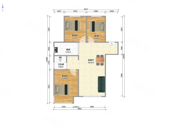 中海万锦公馆3室2厅1卫98㎡南北120万