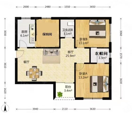 海斯大厦3室2厅2卫108.46㎡南北1200万