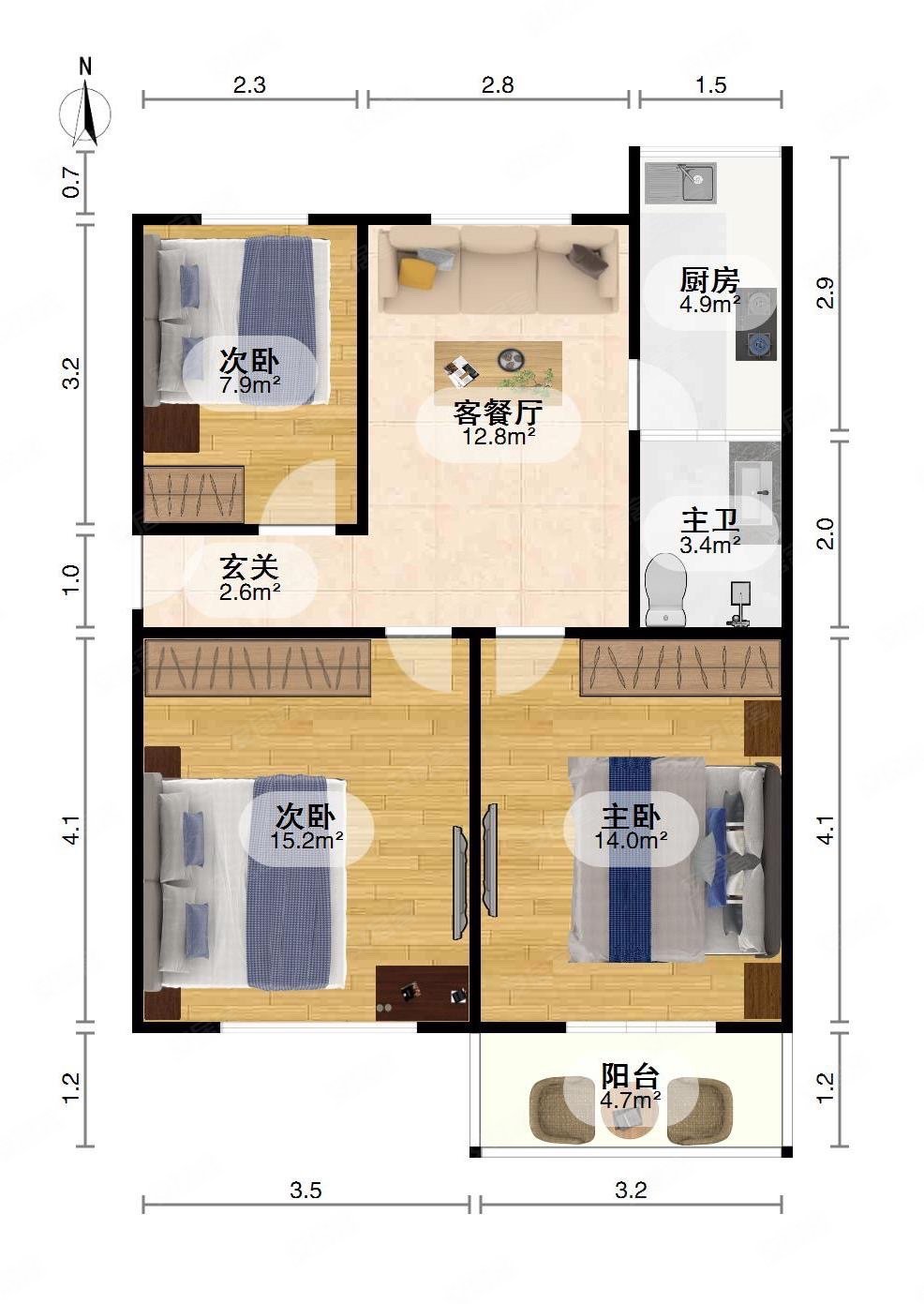 房东急售120街坊三室一厅户型南北通透一梯两户