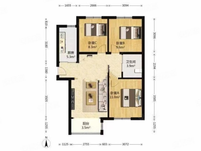 艺苑西里3室2厅2卫113.27㎡南北399万