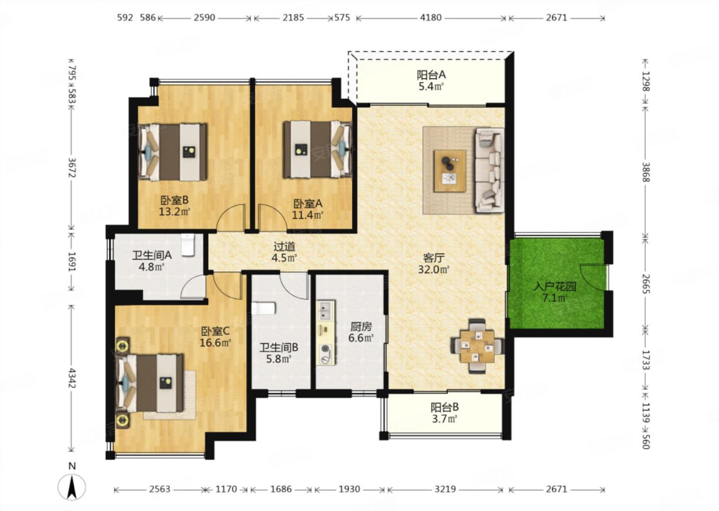 新福港鼎峰3室2厅2卫135.61㎡南北668万