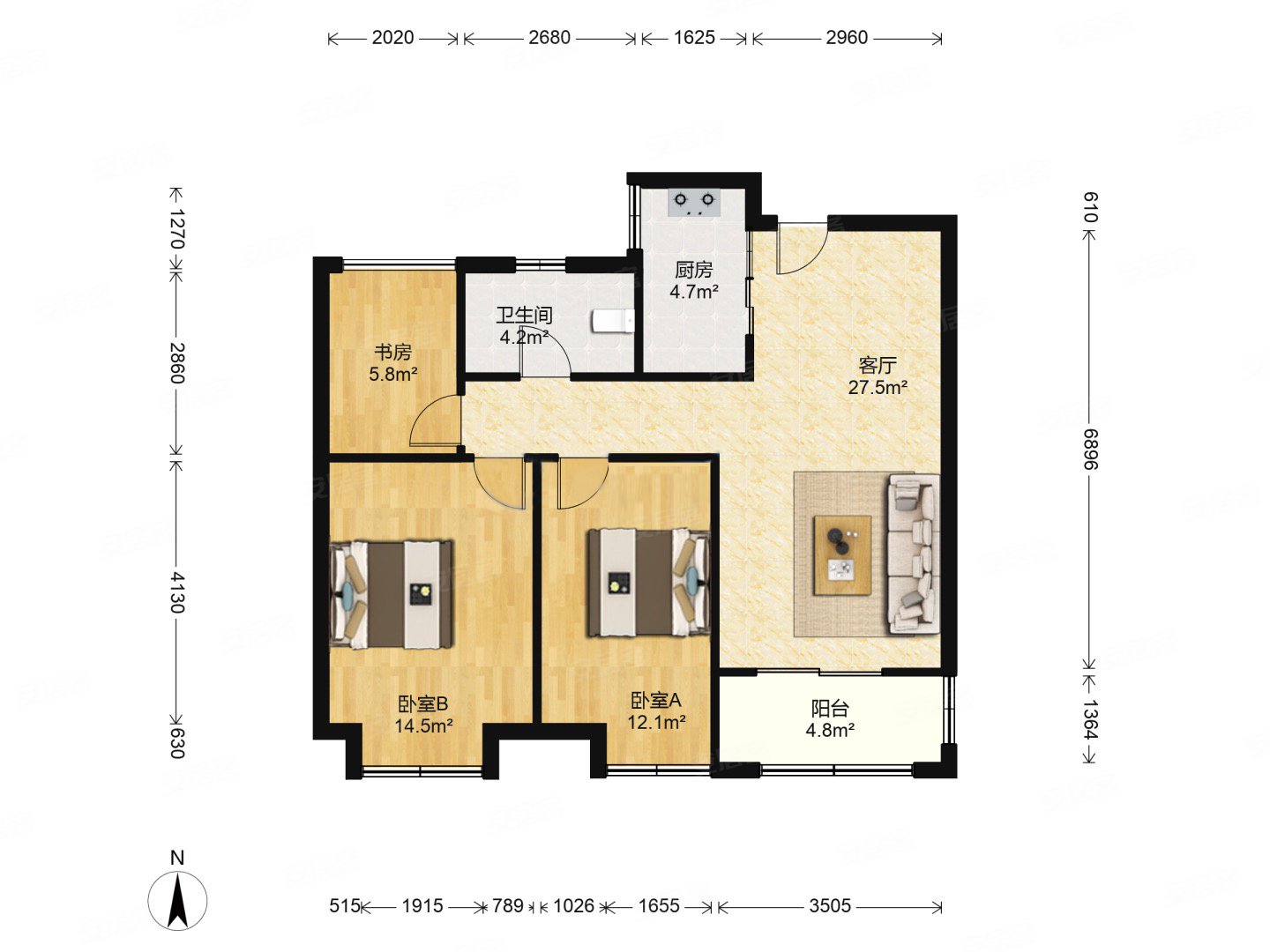 祥源城3室1厅1卫81.02㎡南北230万