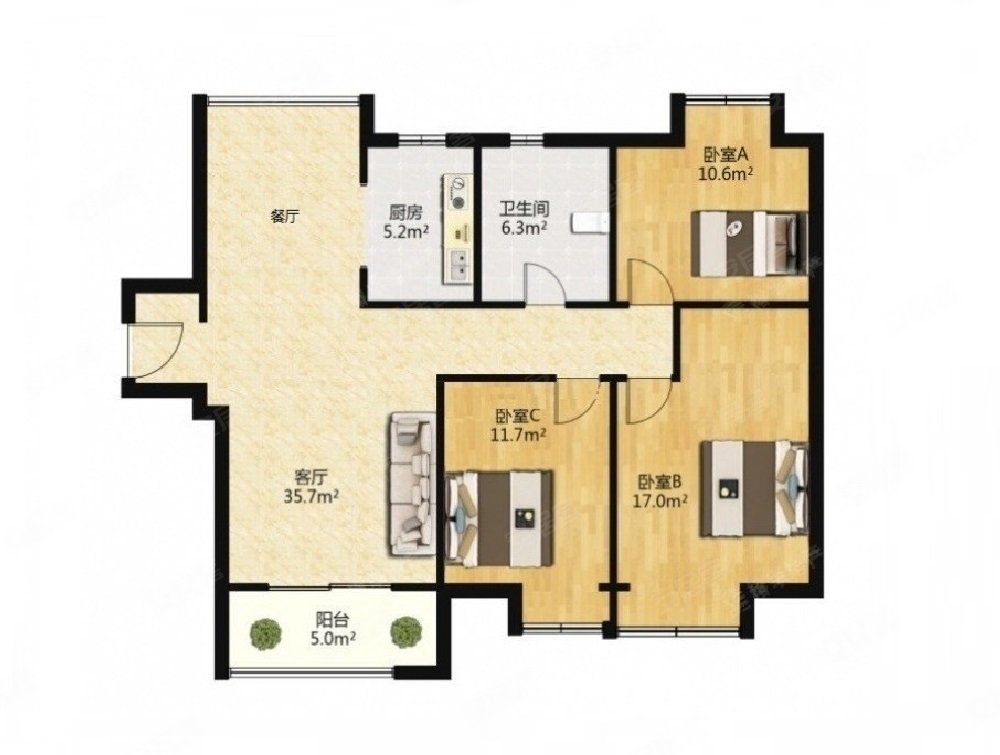 中铁滨湖名邸3室2厅2卫121.32㎡南北280万