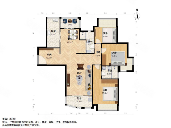 真情公寓3室2厅2卫138㎡南北999万