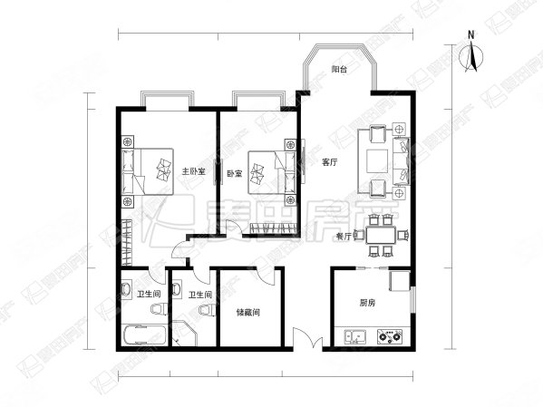 珠江帝景(B区)2室2厅2卫123.93㎡北1050万