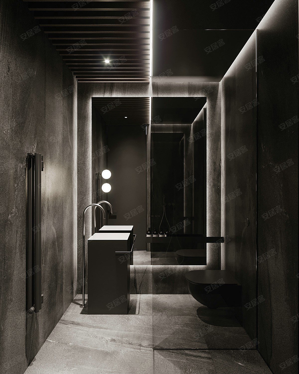 卫浴间选用黑色为主色调,为空间增添一笔浓郁的黑,十分的酷.