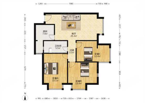 中天世都3室2厅1卫111.43㎡南北175万