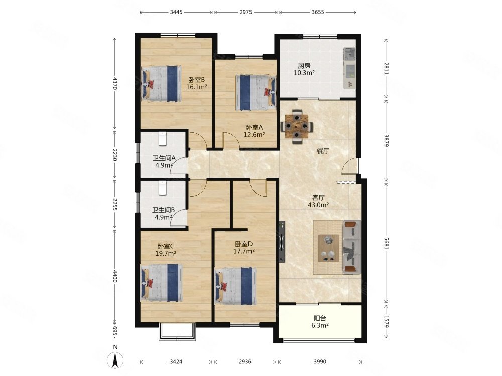 中润世纪广场对面08年房,东华园二手房,450万,4室