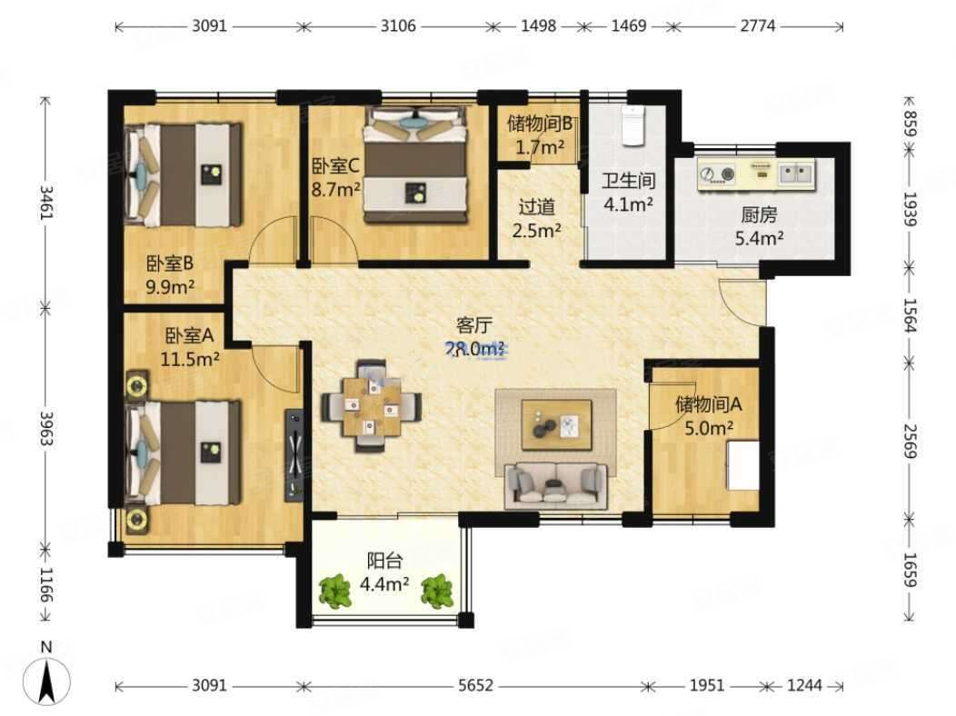 万科城(一期)3室2厅1卫89㎡南北160万