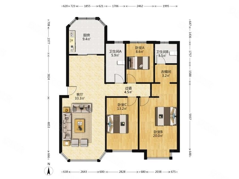天房崇德园 3室2厅 128.99平