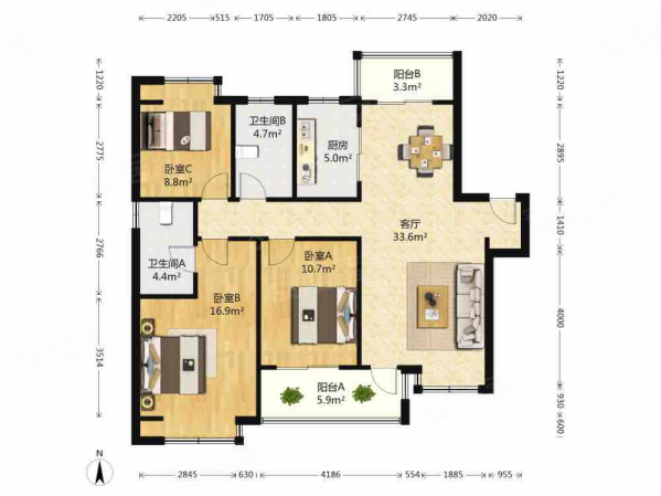 金地中心风华3室2厅2卫121㎡南530万