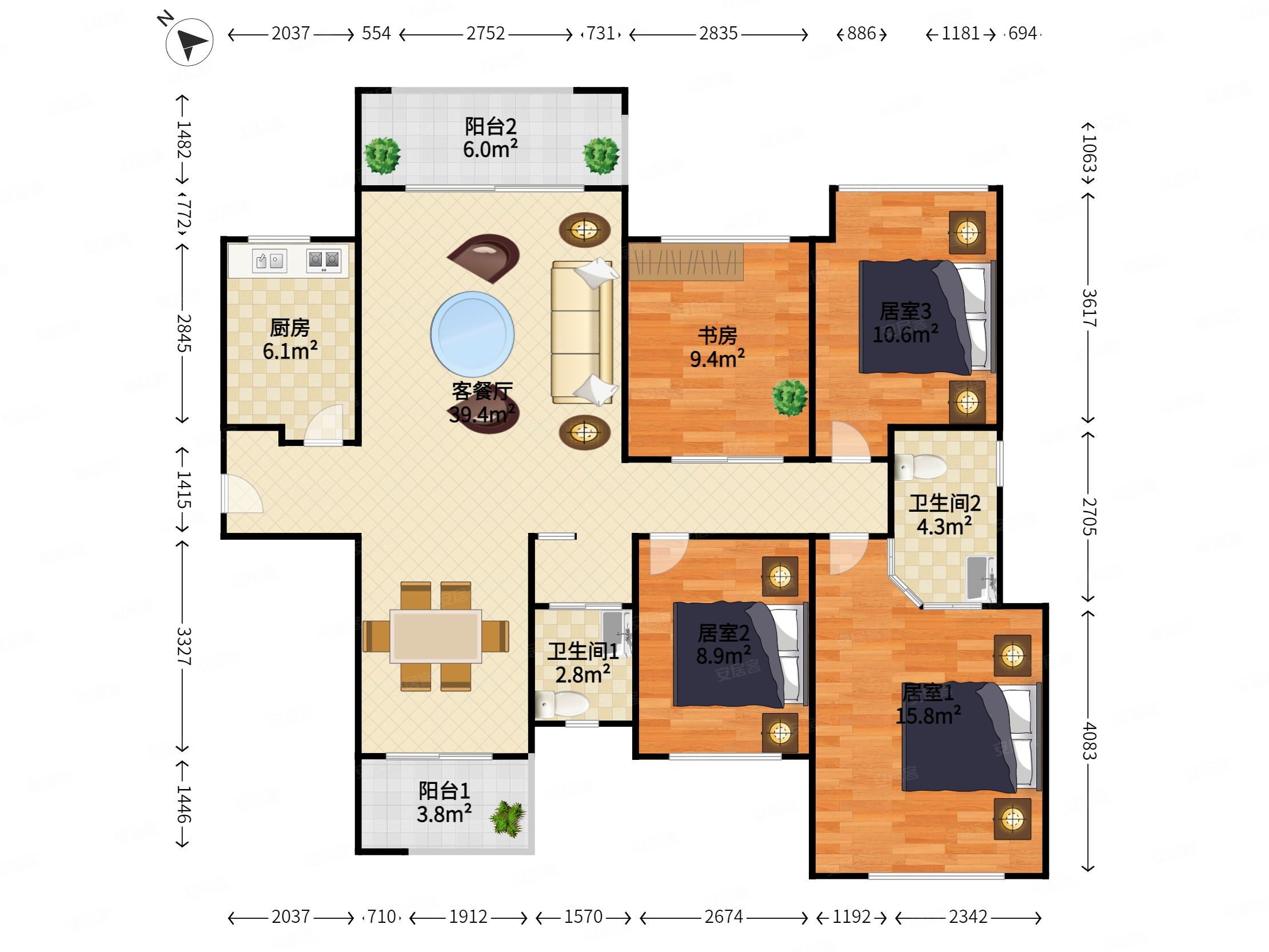 绿茵温莎堡4室2厅2卫125.02㎡南北241万