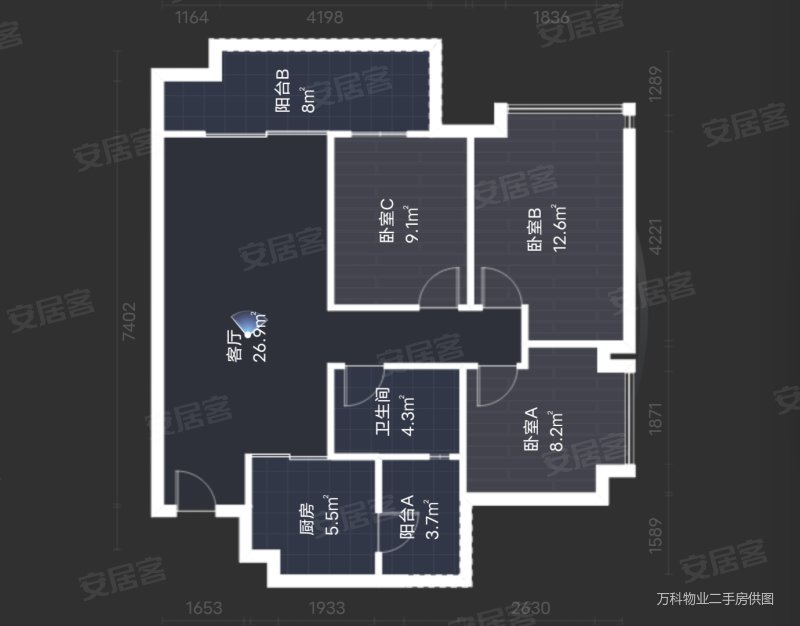 中粮万科金域蓝湾3室2厅1卫94.14㎡西南348万