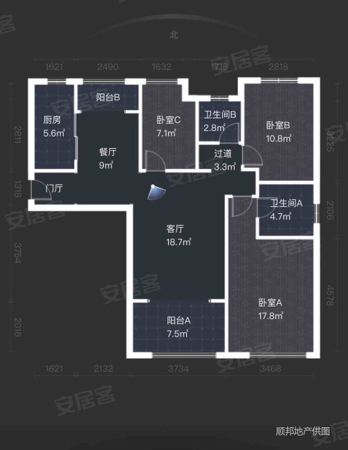 悦美国际3室2厅2卫114.34㎡南北173万