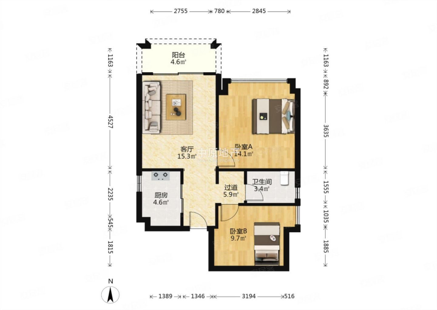 中泰天境花园2室2厅1卫72.24㎡南北90万