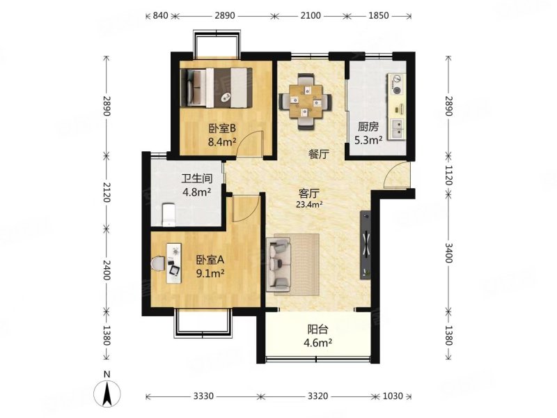 永泰花苑2室2厅1卫83.39㎡南北410万