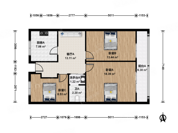 芳古园一区3室1厅1卫87.8㎡东西513万