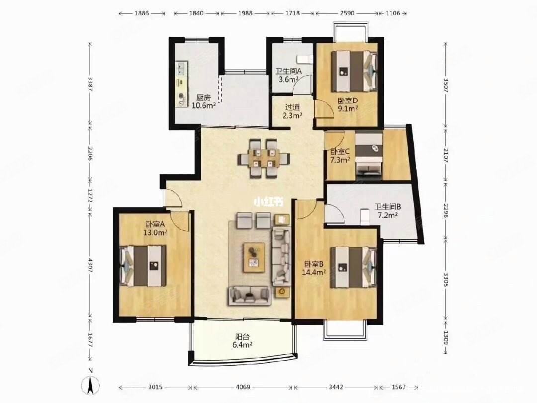湖畔现代城(三区)4室2厅2卫139.3㎡南北130万