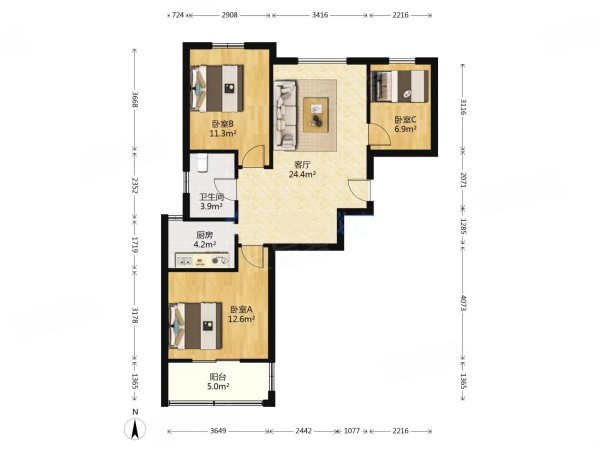 定坊和苑C区3室2厅1卫88㎡南北182万