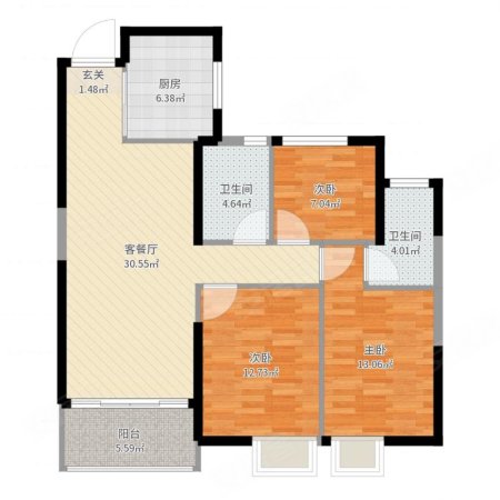 万科城御园3室2厅2卫105㎡南北165万