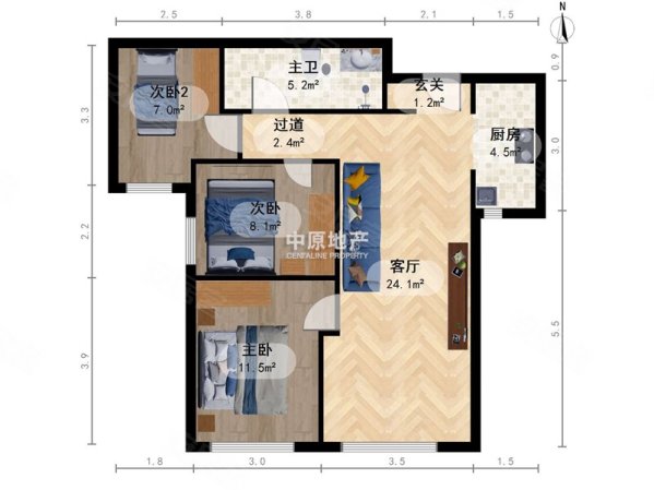 公元大观3室2厅1卫100.39㎡南北225万